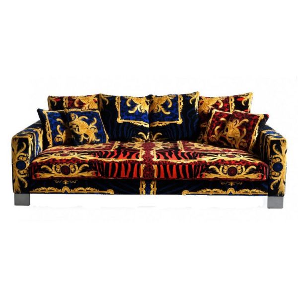 italy01: Versace Home Jaipur Sofa with Zahara velvet upholstery with  printed panels
