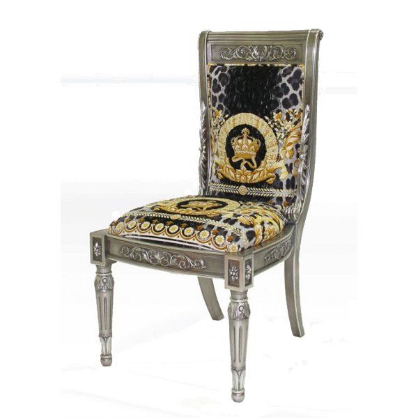 italy01: Versace Home Vanitas Maxi Dining Chair with frame in silver beech  wood and velvet upholstery with Barocco Crown print